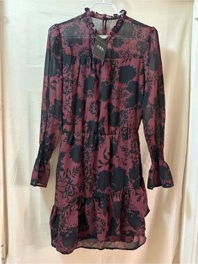 A.B.S Collection Burgundy Floral Sheer Ruffle Mini Dress NWT Small